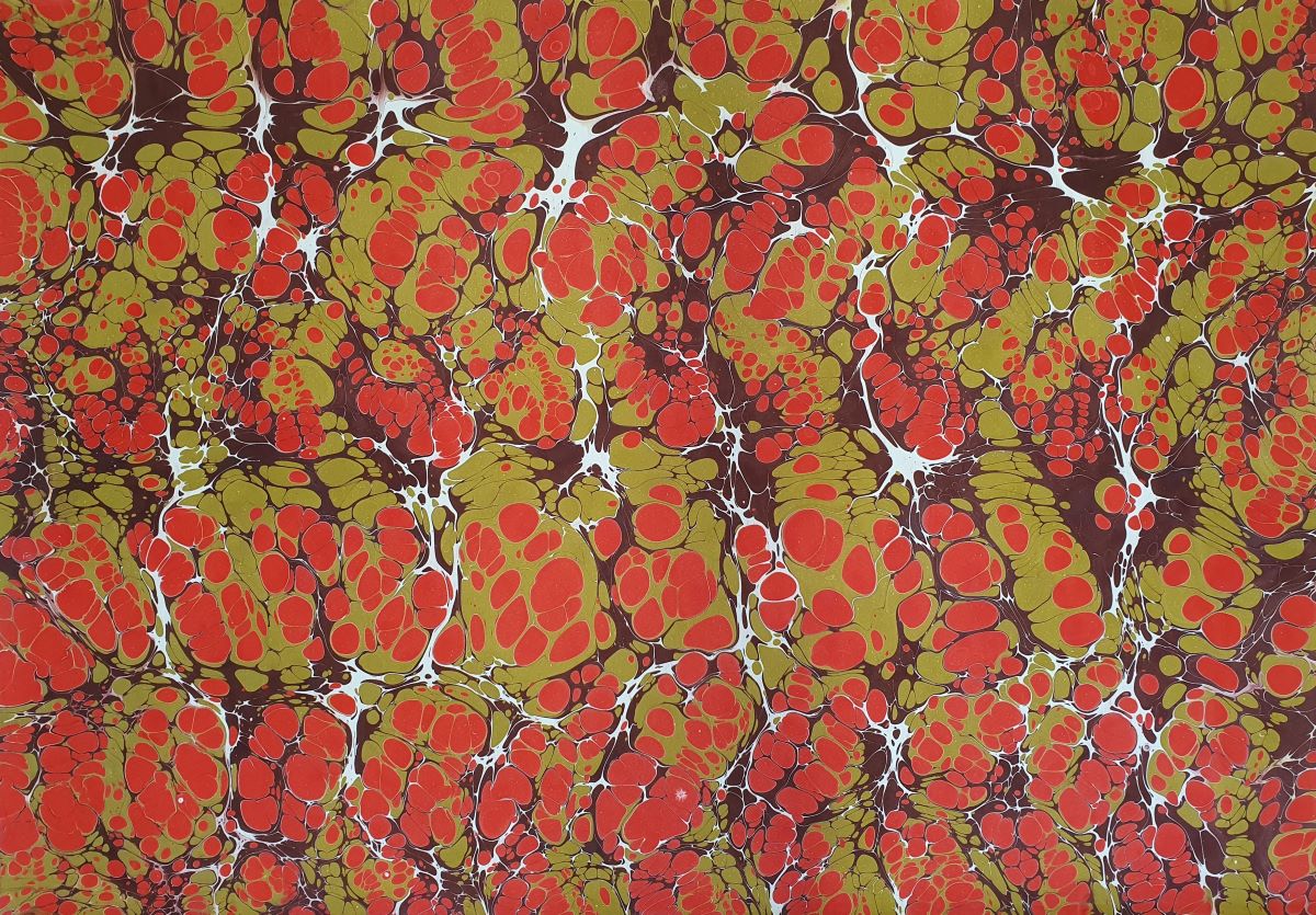 Handmade Ebru Paper in Red & Olive – Stone Pattern Design