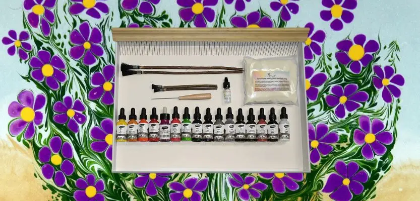 Ahsen ready-to-use marbling sets with tray, paints and tools for traditional paper marbling
