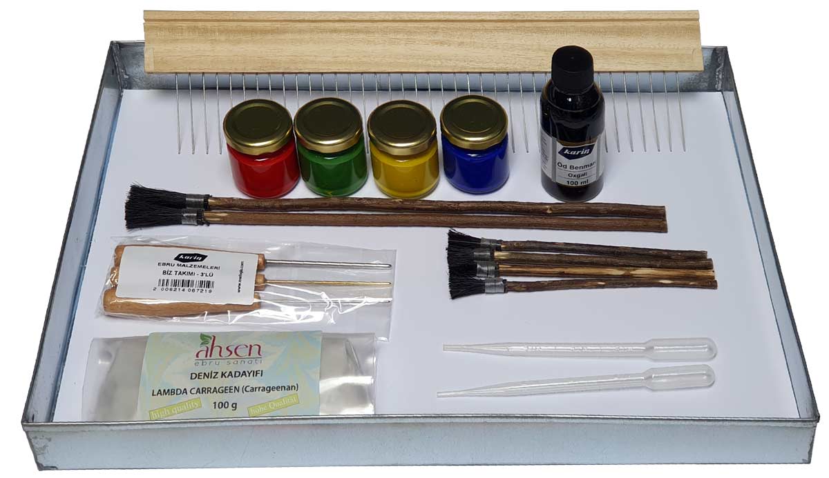 Ahsen traditionelles Ebru-Set mit Farben, Tray, Pinseln und Zubehör für klassisches Marmorieren