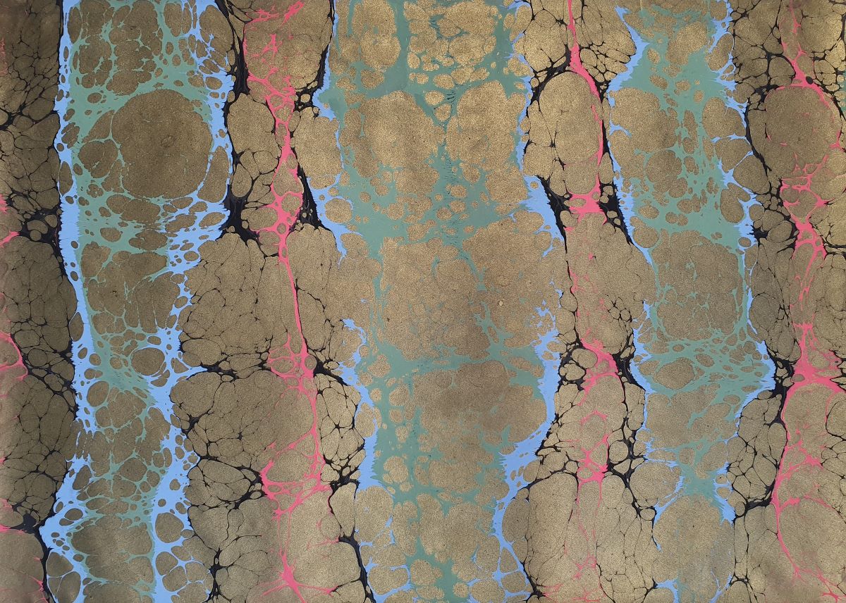 Ebru-Papier mit Gold, Schwarz und bunten Streifen – handgemalt, Unikat