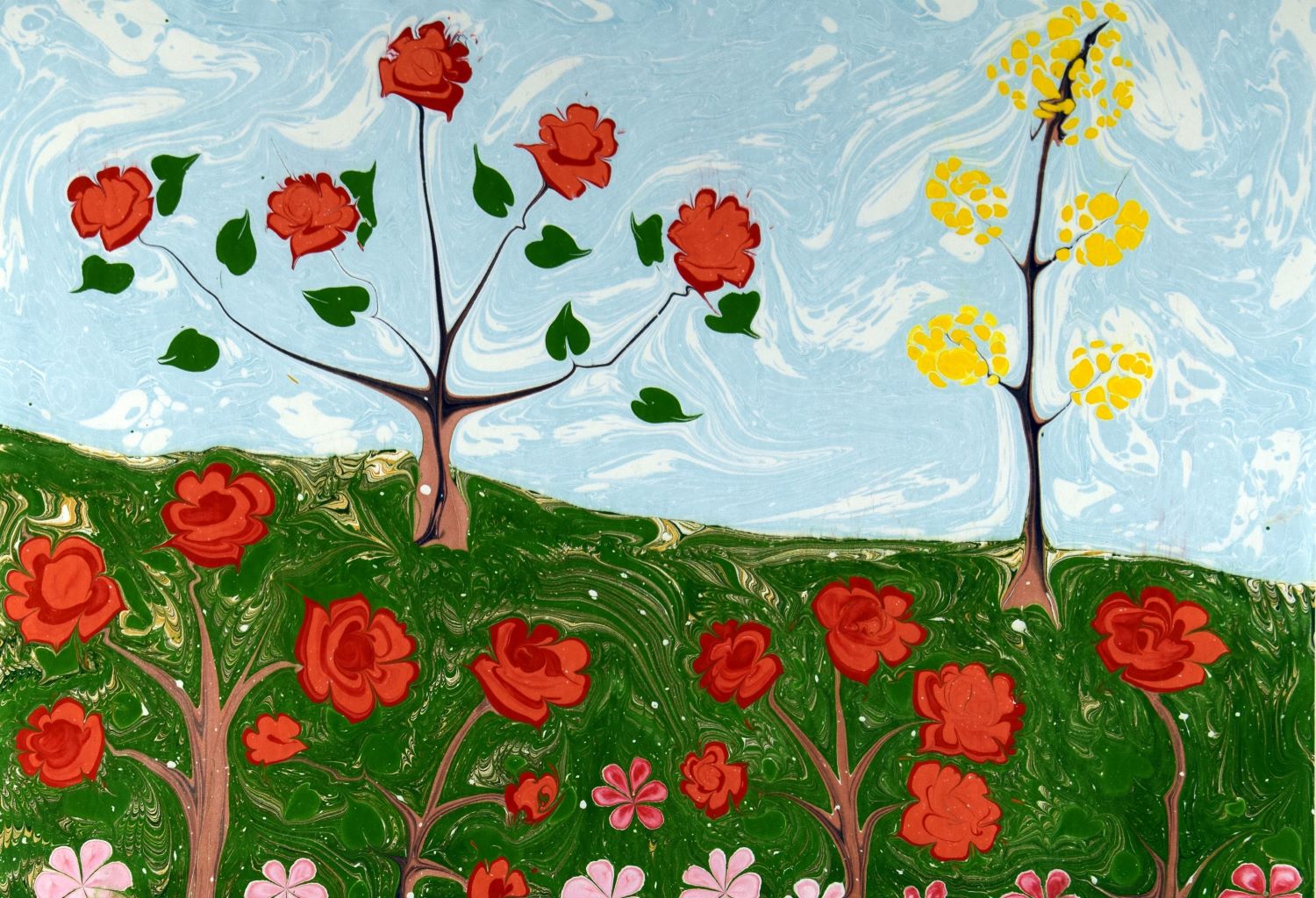 Eine fantastische Naturkomposition in Ebru-Kunst. Bäume, Blumen und wellenförmige Muster, die auf dem Wasser geformt wurden.
