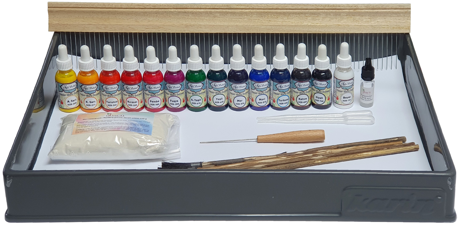 Koza Marmorier-Set mit Farben, Tray, Pinsel und Zubehör – ideales Einsteiger-Set für Ebru und Papiermarmorierung