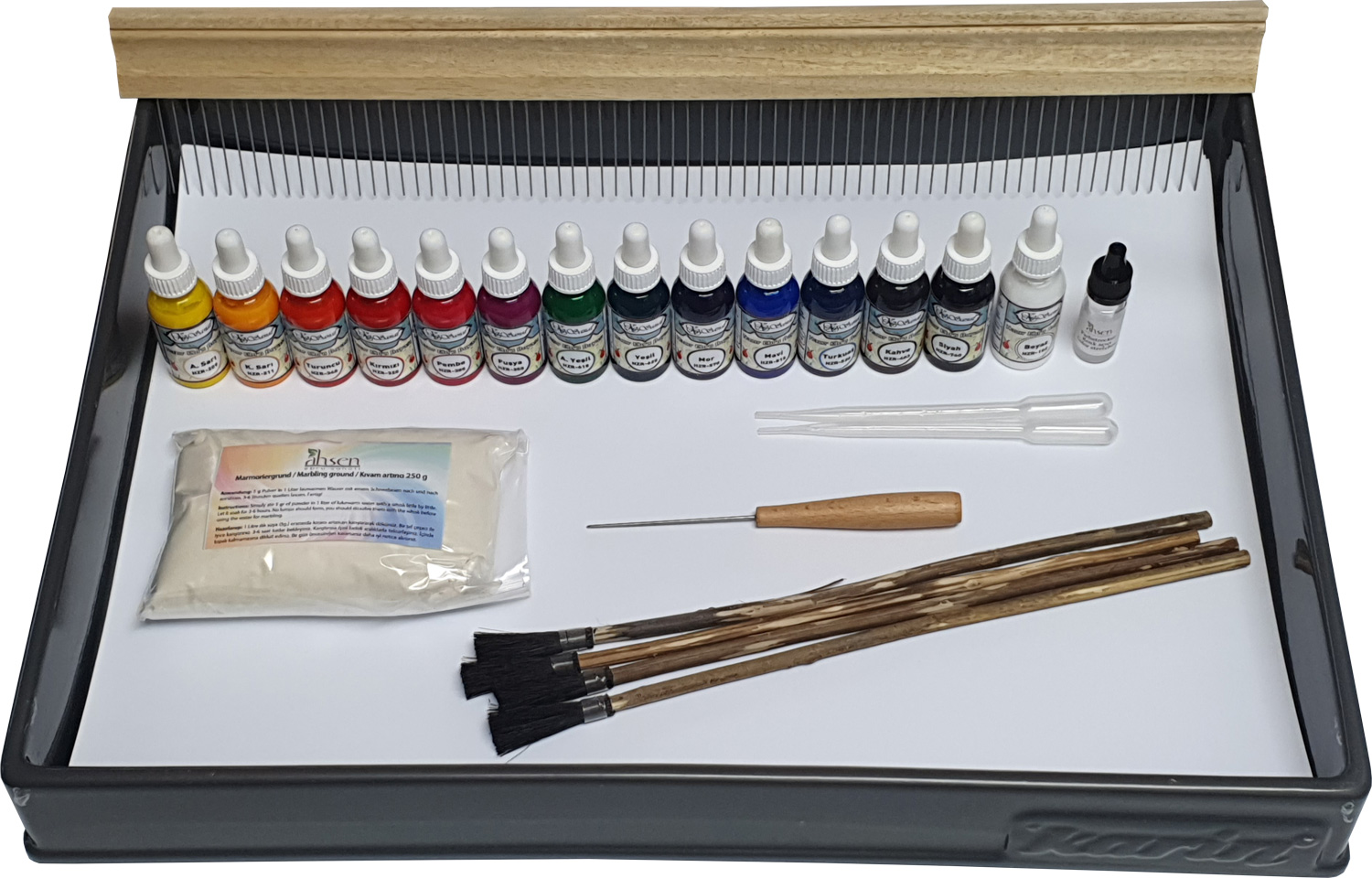 Koza Marmorier-Set mit Farben, Tray, Pinsel und Zubehör – ideales Einsteiger-Set für Ebru und Papiermarmorierung
