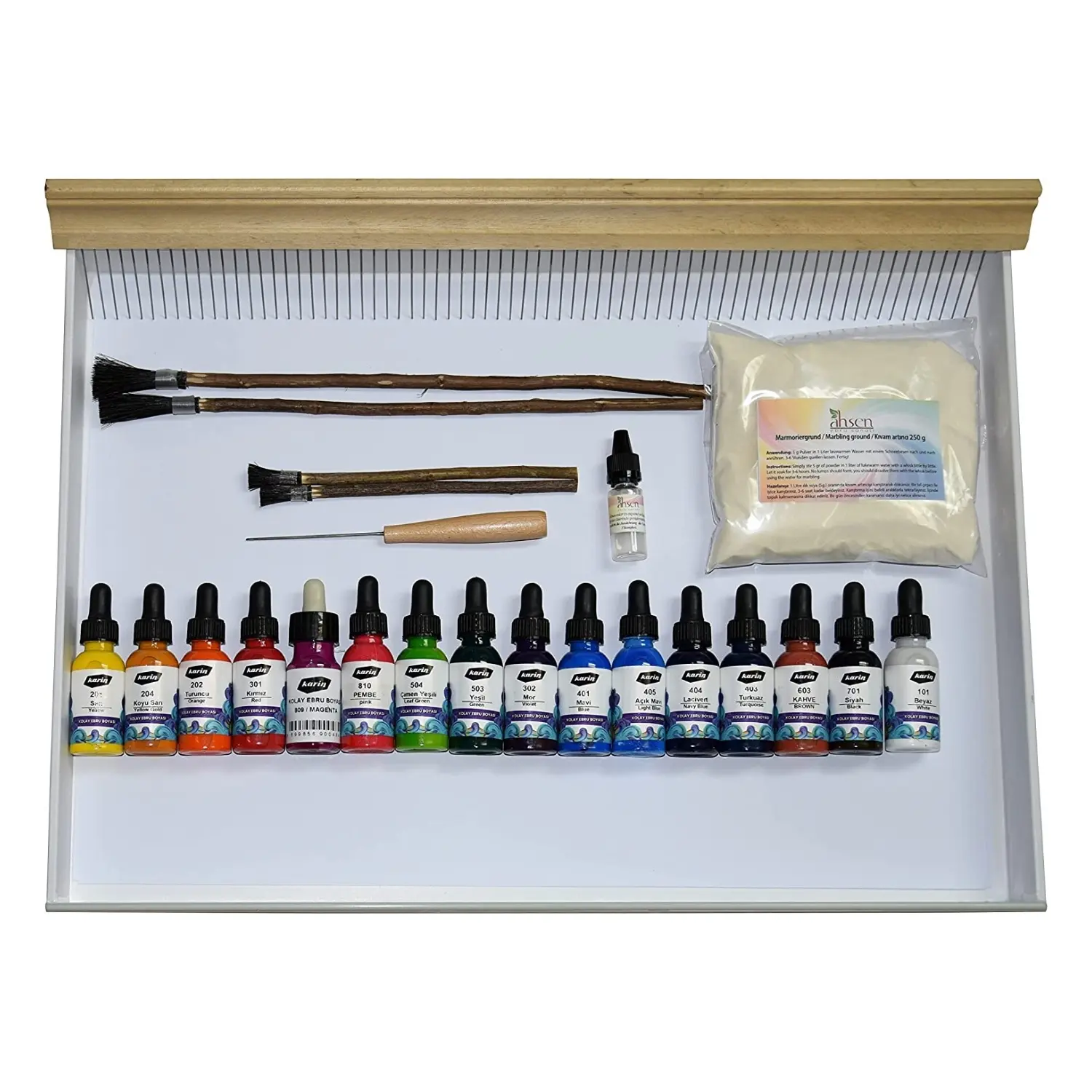 Komplettset für einfache Marmoriertechnik – ideal für Einsteiger, mit Farben, Pinsel und Marmorierwanne