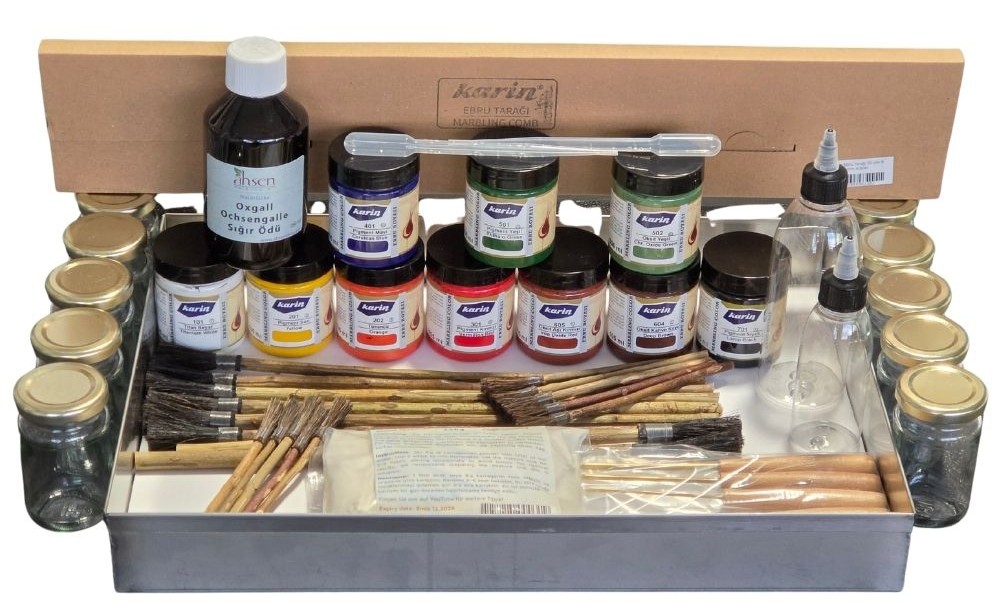 Ahsen traditionelles Ebru-Set mit Farben, Tray, Pinseln und Zubehör für klassisches Marmorieren