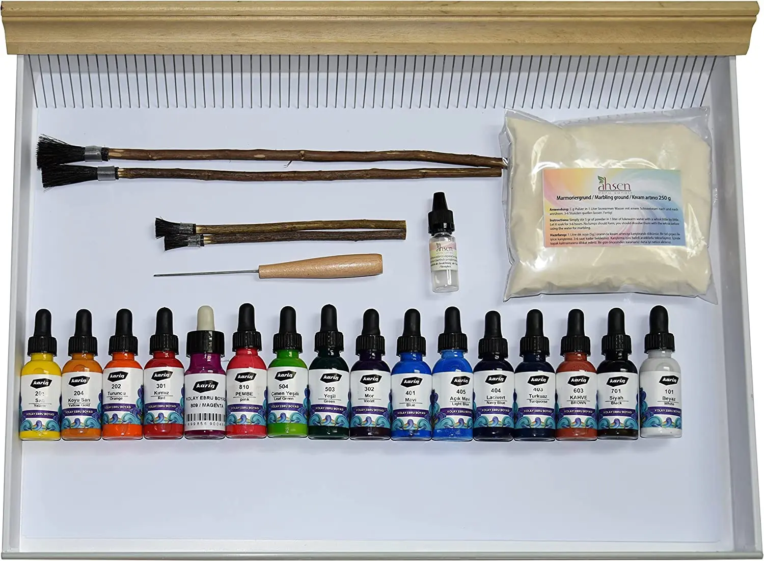Complete paper marbling set with B3 tray, 16 colors and tools for creative marbling and bookbinding work