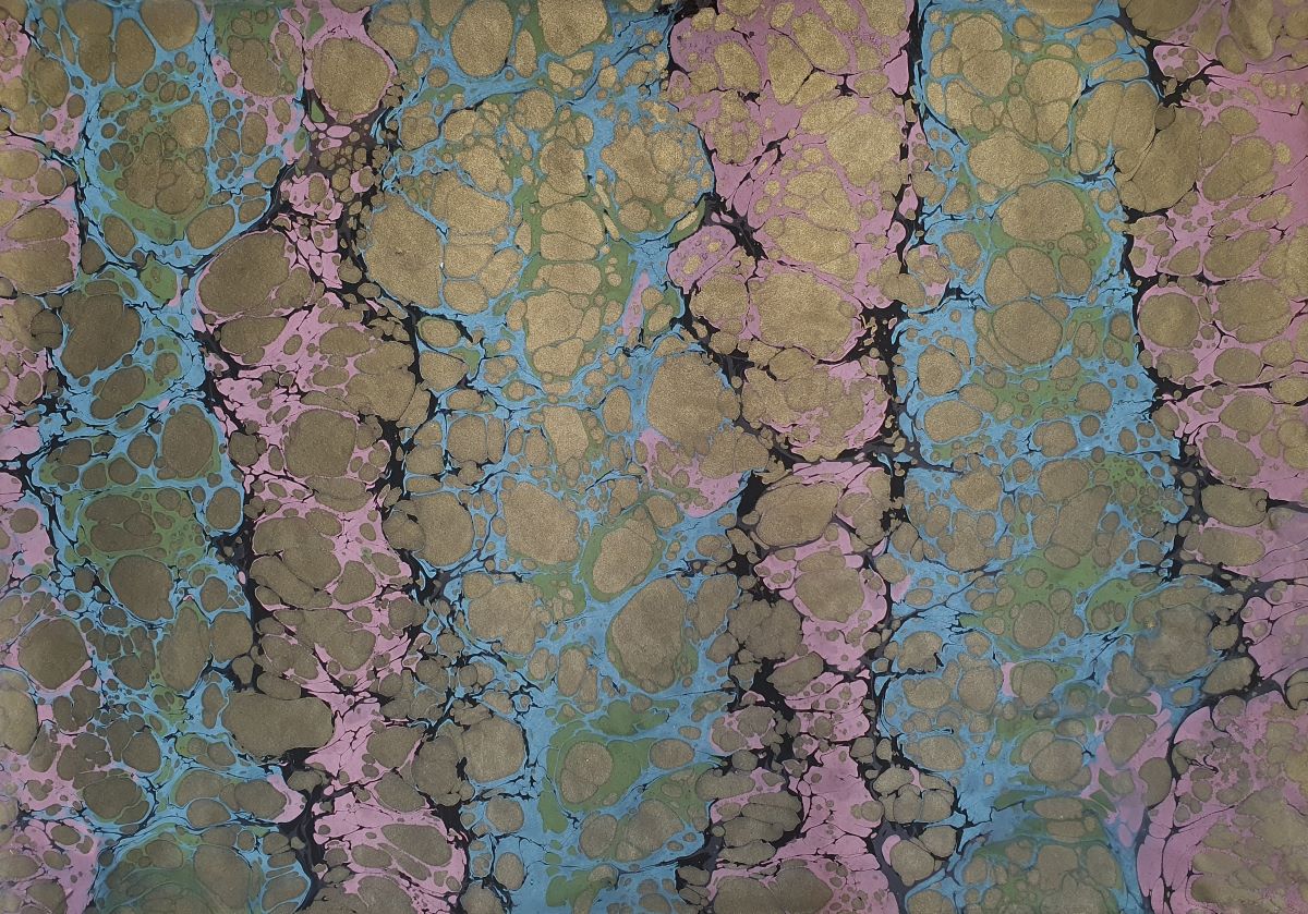 Ebru-Papier mit Gold, Schwarz und bunten Streifen – handgemalt, Unikat