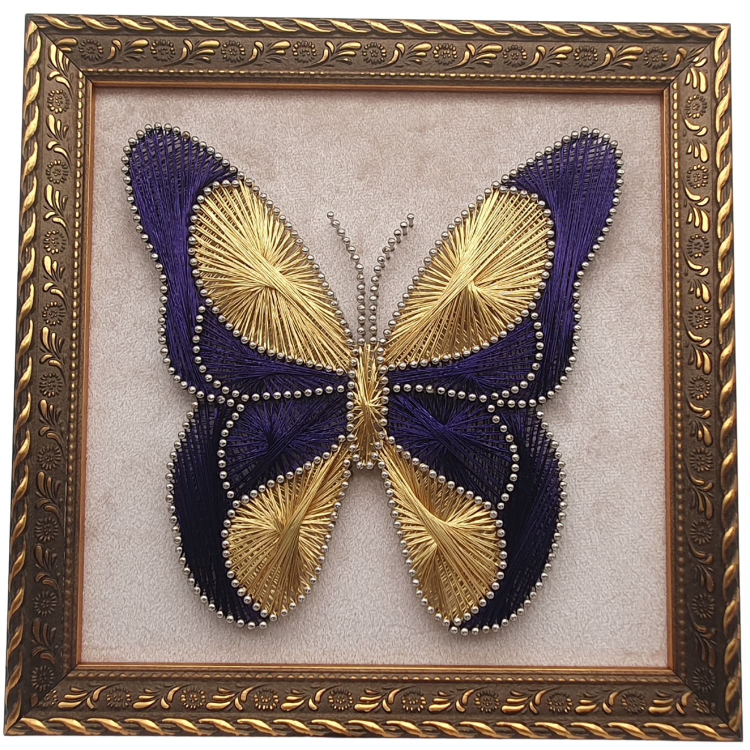 Handgefertigtes Filografie Schmetterling Wandbild aus Metalldraht auf Holz in Blau und Gold