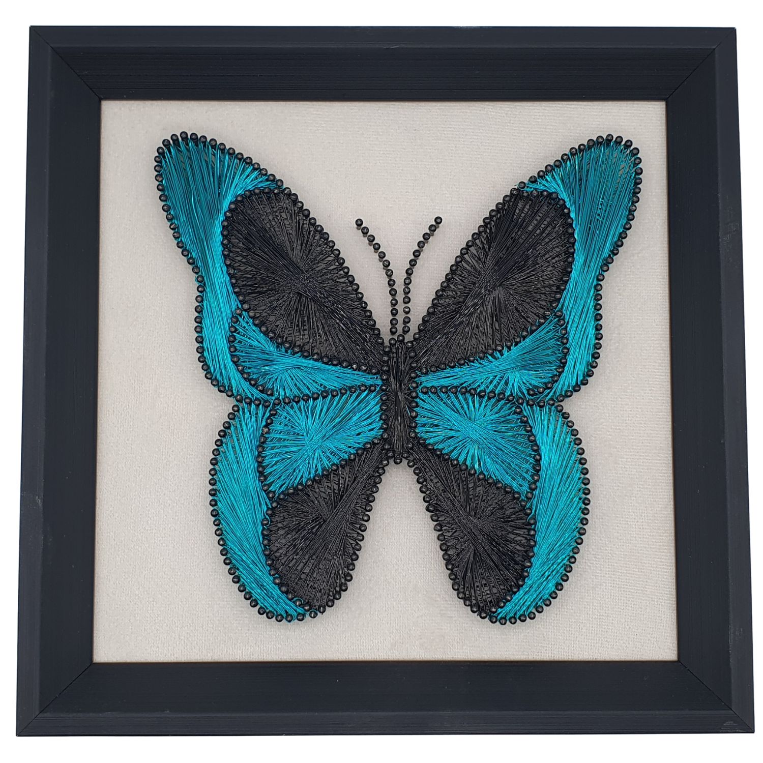 Handgefertigtes Filografie Schmetterling Wandbild aus Metalldraht auf Holz in Türkis und Schwarz