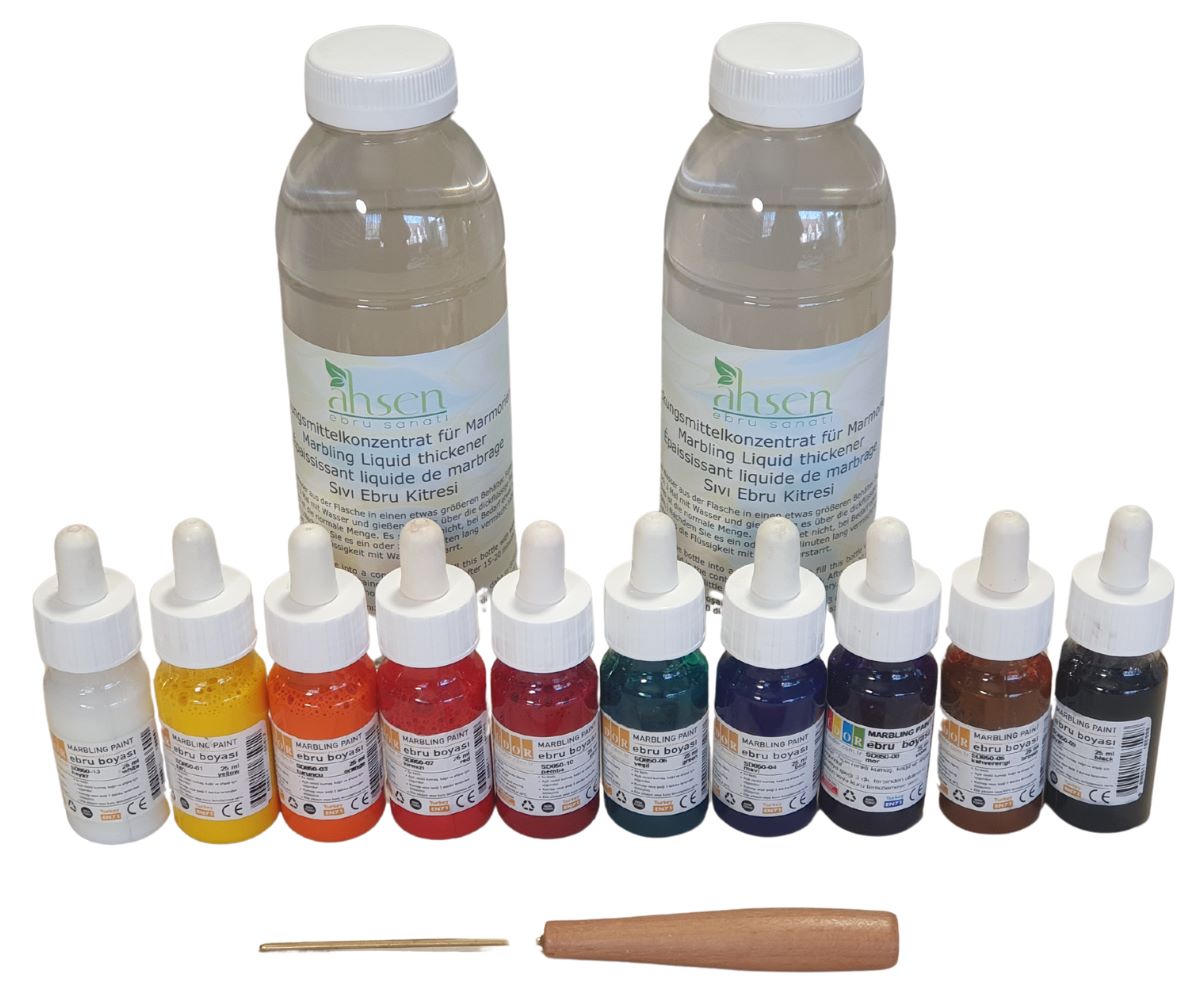 Leuchtende Marmorierfarben im Set – ideal für Ebru Kunst und kreative Marmoriertechniken auf Papier oder Wasser