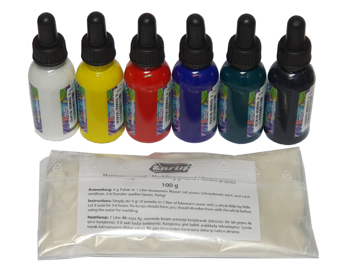Komplettset für einfache Marmoriertechnik – ideal für Einsteiger, mit Farben, Pinsel und Marmorierwanne