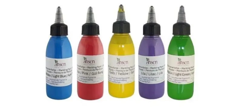 Gebrauchsfertige Marmorierfarbe 100 ml in Tropfflaschen – wasserbasiert, direkt anwendbar für Papier und Deko.