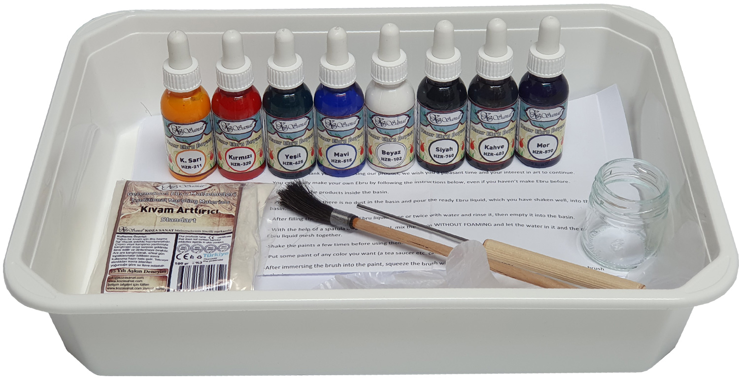 Koza Marmorier-Set mit Farben, Tray, Pinsel und Zubehör – ideales Einsteiger-Set für Ebru und Papiermarmorierung