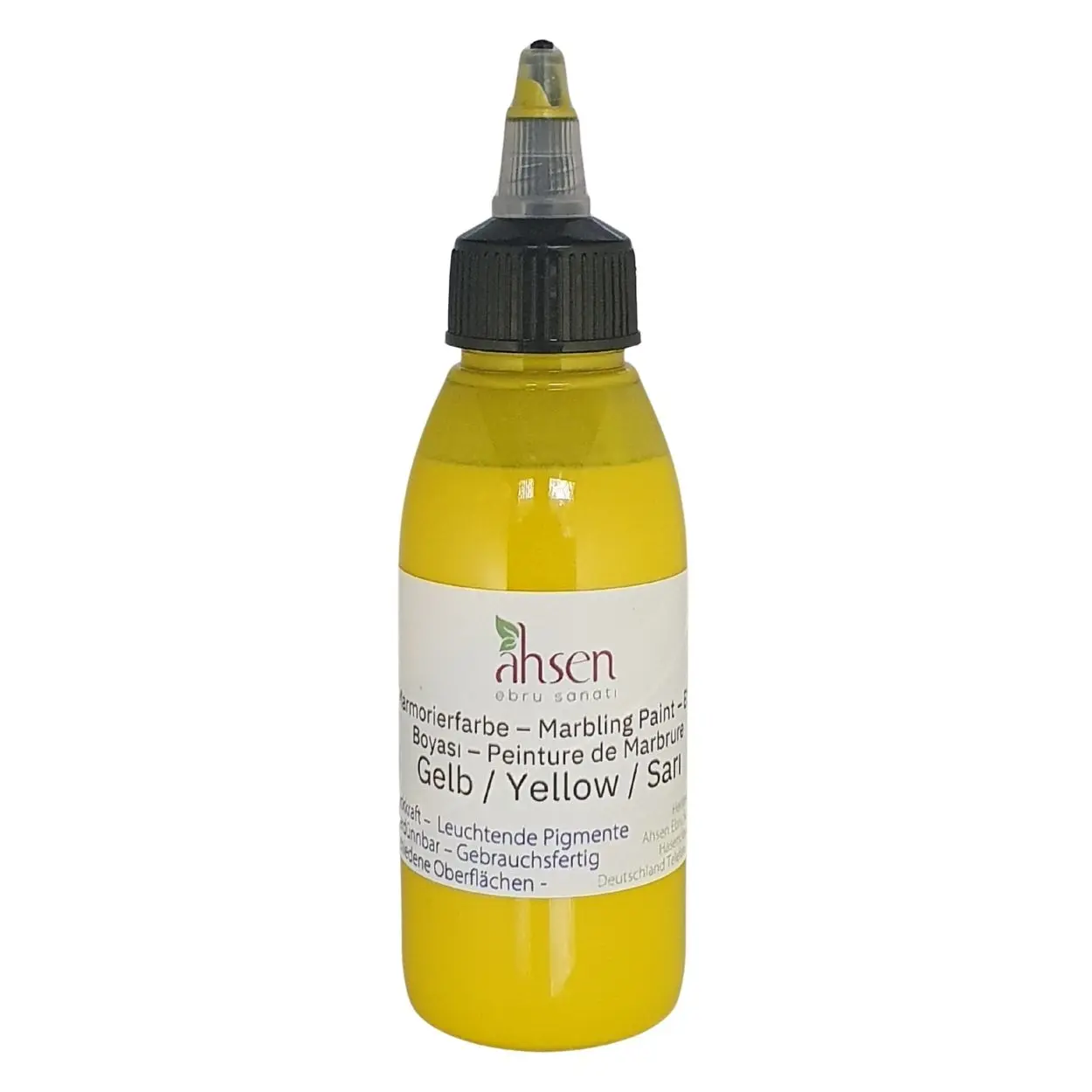 Ahsen Ebru gebrauchsfertige Marmorierfarbe Gelb 100ml für Ebru Kunst auf verdicktem Wasser mit klarer und leuchtender Farbe