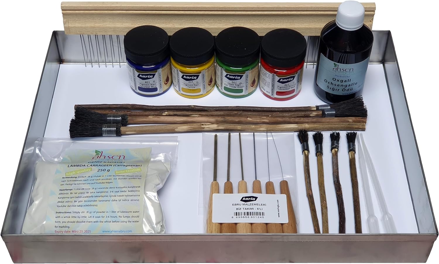 Ahsen traditionelles Ebru-Set mit Farben, Tray, Pinseln und Zubehör für klassisches Marmorieren