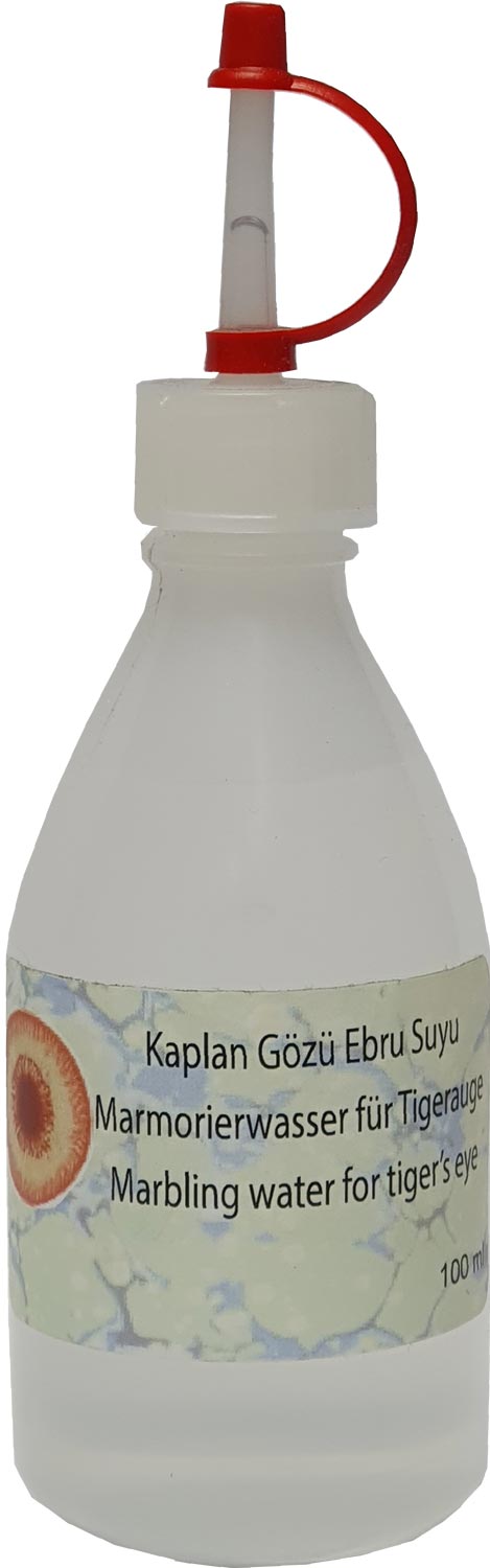 Leuchtendes Marmorierwasser in Tigerauge-Optik – ideal für faszinierende Ebru Muster auf Wasser und Papier