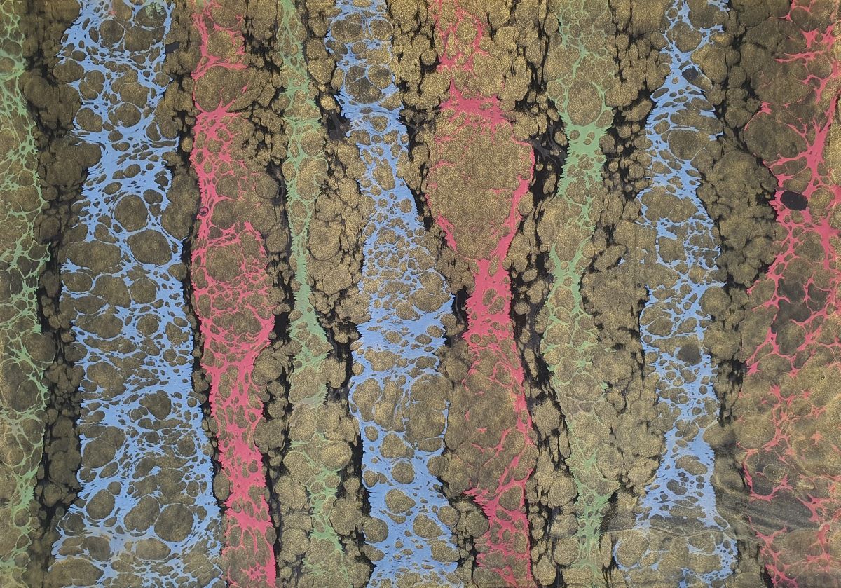 Ebru-Papier mit Gold, Schwarz und bunten Streifen – handgemalt, Unikat