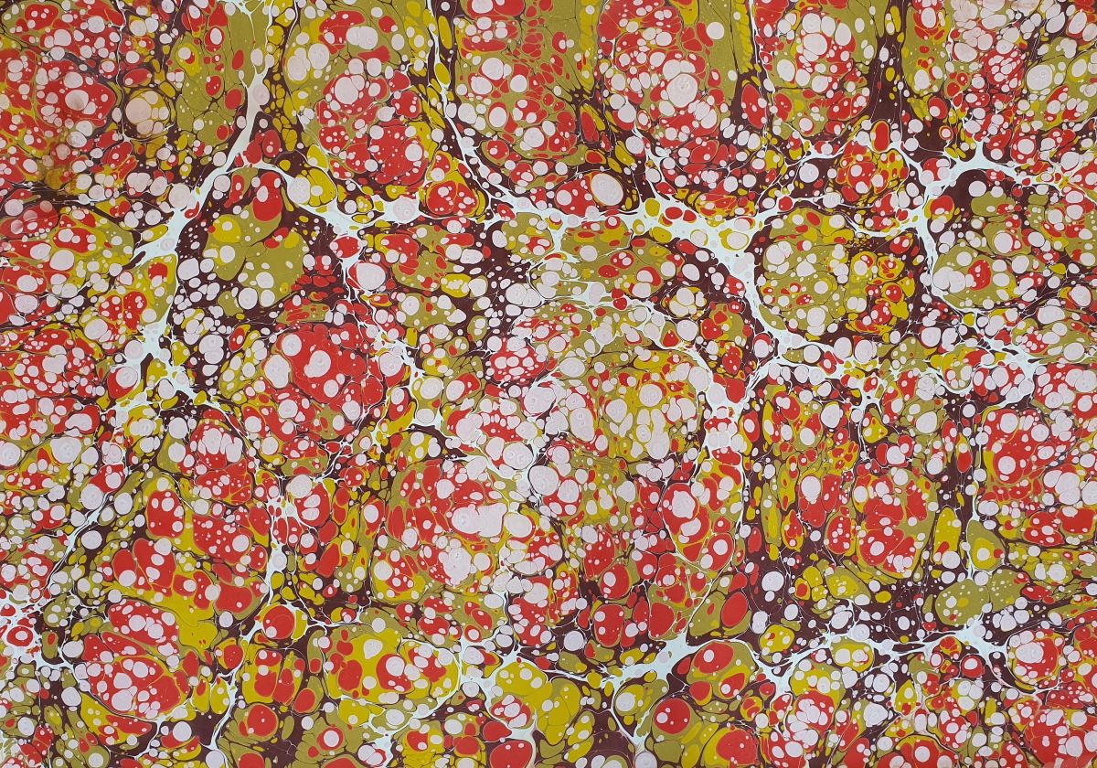 Handmade Ebru Paper in Red & Olive – Stone Pattern Design