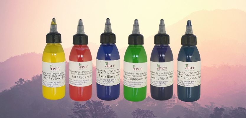 Gebrauchsfertige Marmorierfarbe 100 ml in Tropfflaschen – wasserbasiert, direkt anwendbar für Papier und Deko.