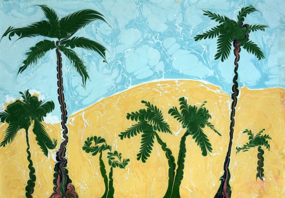 Eine fantastische Naturkomposition in Ebru-Kunst. Bäume, Blumen und wellenförmige Muster, die auf dem Wasser geformt wurden.