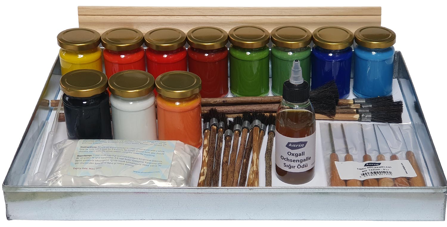 Ahsen traditionelles Ebru-Set mit Farben, Tray, Pinseln und Zubehör für klassisches Marmorieren