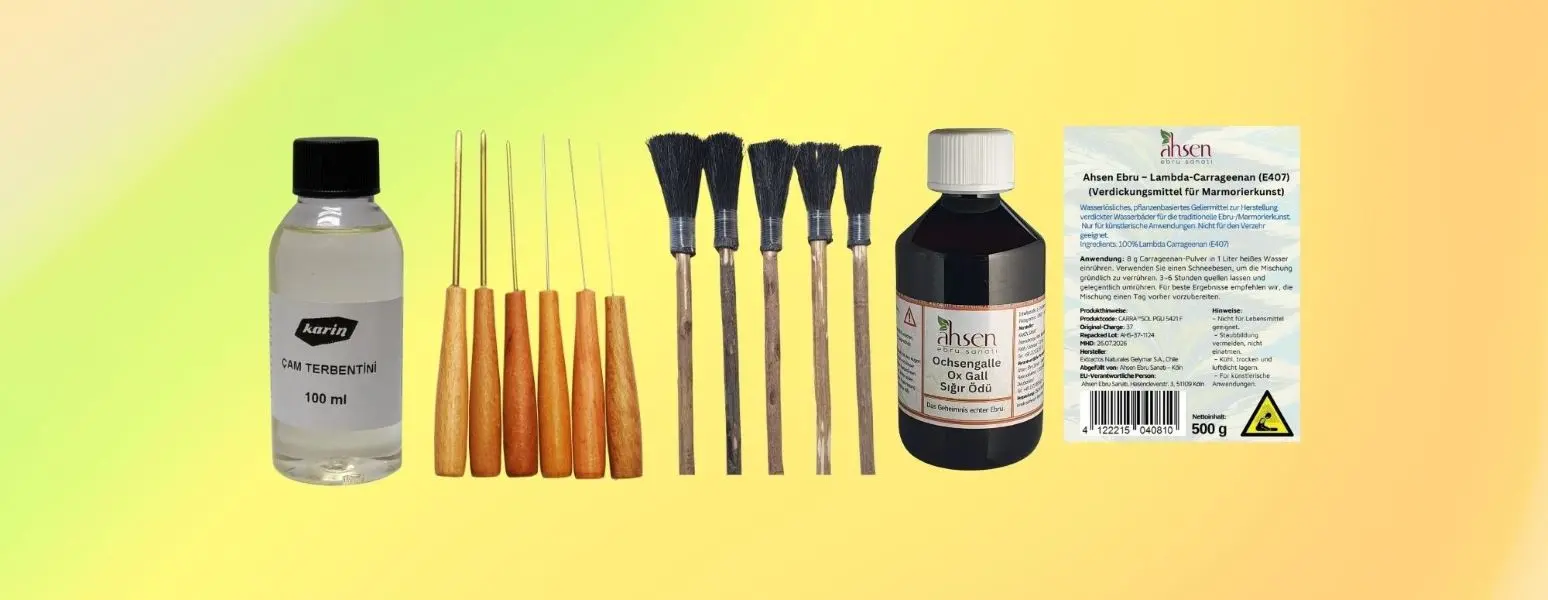 Marmorierbedarf Übersicht – Verdickungsmittel, Ochsengalle, Ahlen und Pinsel für Marmoriertechnik